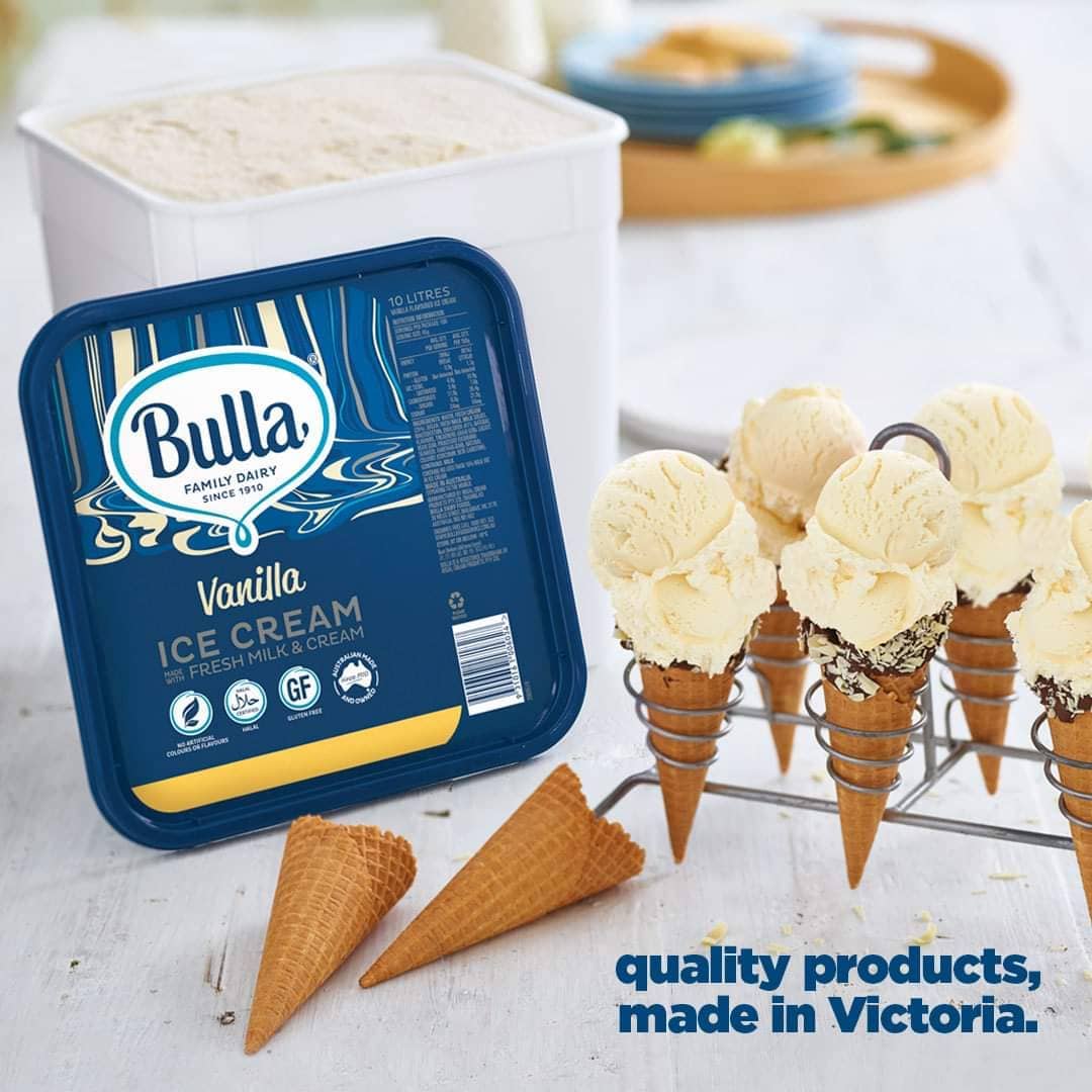 Did you know the Bulla Family-Dairy Bulla Vanilla Ice Cream is made in Australia.

Bulla Real Dairy Ice Cream has a creamy smooth texture, superior taste and is great served with a range of popular desserts, for making milkshakes, thickshakes and iced coffee or served on its own.

Product Features:
🍦 Contains Real Dairy Ice Cream made with fresh milk and cream, and 10% milk fat
🍦 No Artificial Colours or Flavours
🍦 Gluten Free
🍦 Halal Certified

This product is currently on our Monthly Brochure!

To view our new Brochure. Please click on the below link:
https://delrenational.com.au/brochures/

If you would like any further information regarding these products please contact your Del-Re Sales Representative or our Customer Service Team on 03 9307 4200

#delrenational #delrenationalfoodgroup #foodservice #familyowned #BullaFoodService #BullaDairyFoods