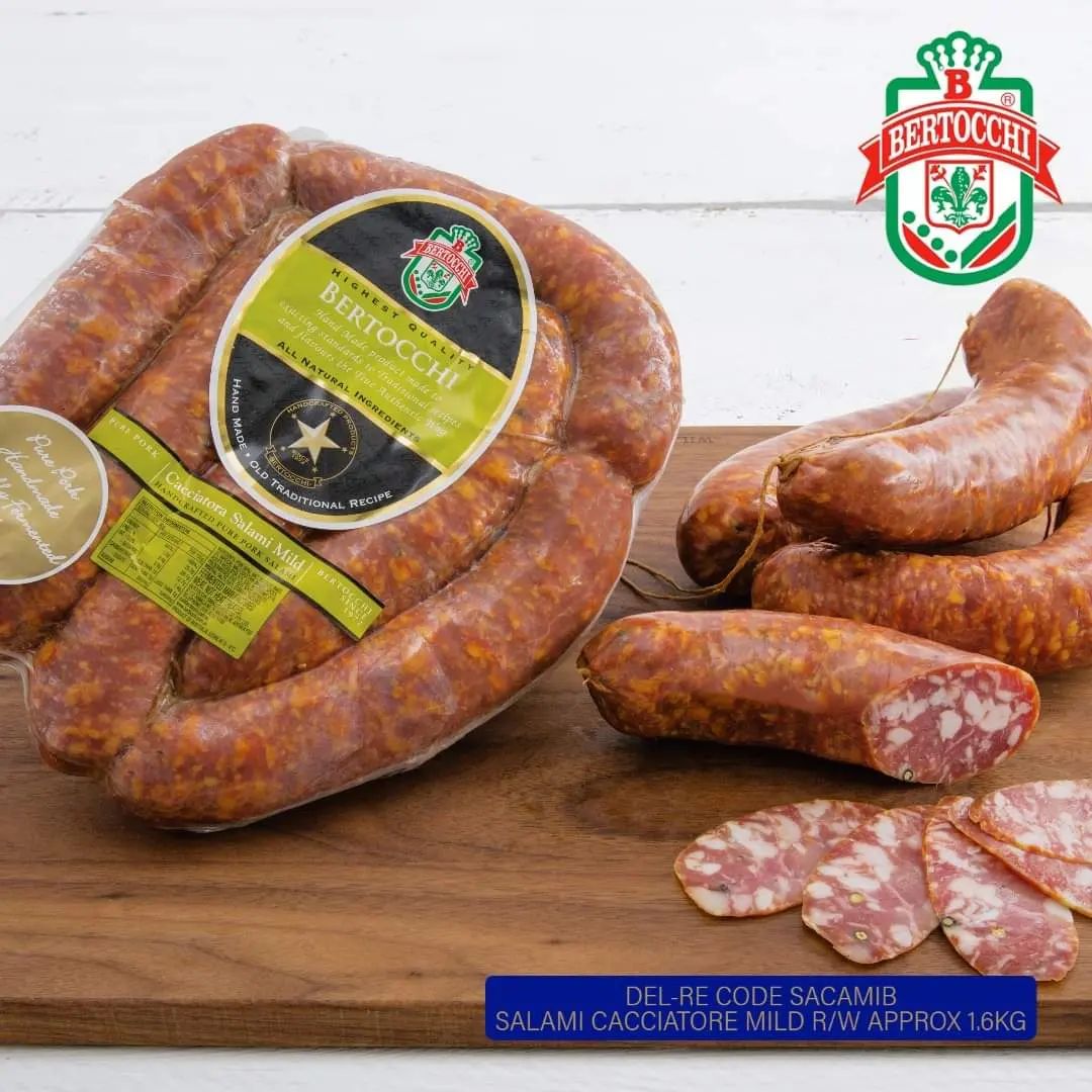 The Bertocchi Cacciatore Mild Salami is a classic hot salami made from the highest quality produce using traditional methods and a unique herb and spice mix. Perfect for homemade pizzas, sandwiches, and more.

This product and so many more Bertocchi products are currently on promotion!

If you would like any further information regarding these products please contact your Del-Re Sales Representative or our Customer Service Team on 03 9307 4200

To view our Monthly Brochure please click on the below link:
https://delrenational.com.au/brochures/

#delrenational #delrenationalfoodgroup #foodservice #familyowned