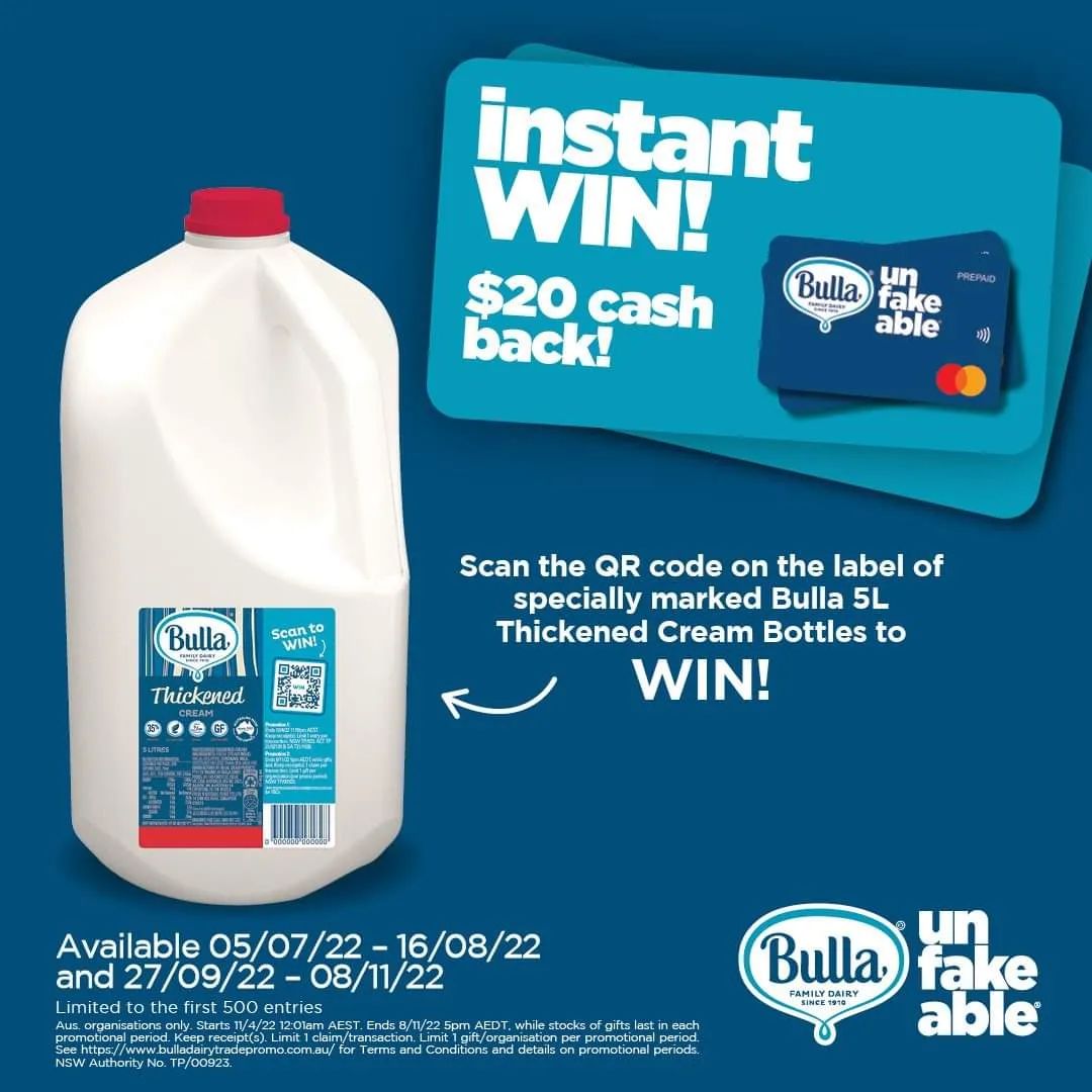 Bulla Foodservice recognise that it’s been tough for all businesses during the pandemic – in particular hospitality businesses. That’s why they’re giving away $20 Cash Back prizes to boost your hospitality business. Simply buy Bulla 5L Thickened Cream today, scan the QR code on pack and complete the online entry form for your chance to win! (Product available to foodservice customers and through foodservice distributors only. Keep receipt/s. Limit 1 entry/transaction. 1 daily prize/entrant (excl. SA). T&Cs apply, www.BullaDairyTradePromo.com.au.)

@bullafamilydairy
#bullafamilydairy #bullafoodservice #BullaCream #BullaBusinessBoost #delrenational #delrenationalfoodgroup #foodservice #familyowned